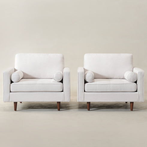 Tiziano Tufted Armchair – Ivory Linen Accent Chair with Pillows | Mid-Century Lounge Chair | Kinwell Furniture