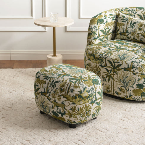 Elmer Embroidered Fabric Ottoman - Jungle Animal Print Ottoman | Embroidered Fabric Footstool | Kinwell Furniture | Modern Decorative Ottoman | Upholstered Accent Ottoman | Living Room Ottoman Stool | Matching Ottoman for Ashlie Swivel Chair | Statement Fabric Ottoman
