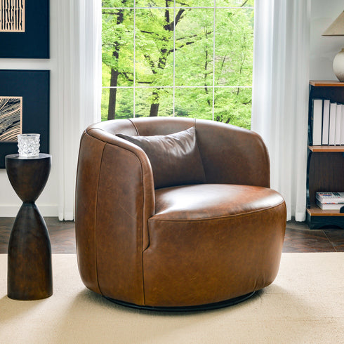 Ashlie Leather Swivel Barrel Chair - Brown Modern Swivel Chair | Swivel Accent Chairs | Kinwell Furniture | Swivel Armchairs