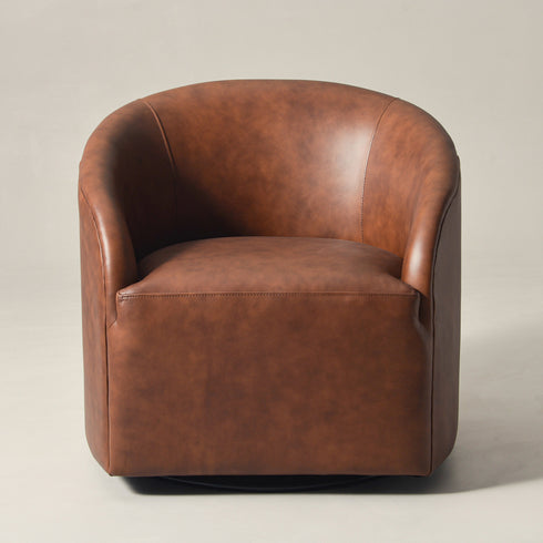 Susie Leather Swivel Barrel Chair - Brown Modern Swivel Chair | Swivel Accent Chairs | Kinwell Furniture | Swivel Armchairs