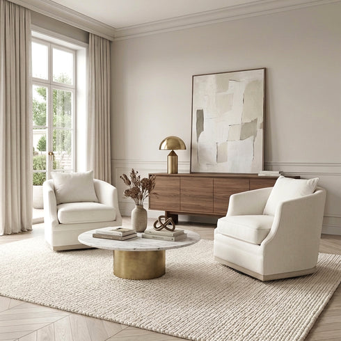 Minerva Swivel Barrel Chair - Beige Modern Swivel Chair | Swivel Accent Chairs | Kinwell Furniture | Swivel Armchairs