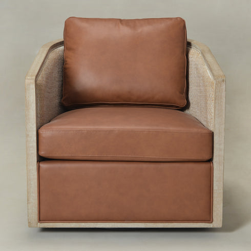 Claude Premium Leather Swivel Cane Chair - Brown Modern Swivel Chair | Swivel Accent Chairs | Kinwell Furniture | Swivel Armchairs