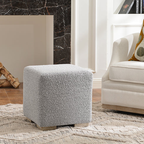 Bouclé Square Ottoman – BlackWhite Modern Footstool | Small Upholstered Ottomans | Kinwell Furniture | Minimalist Cube Poufs