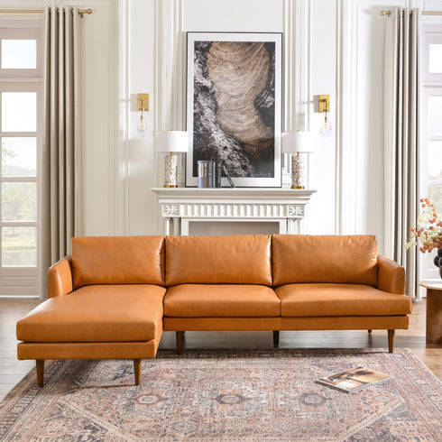 Samuel Tapered Arm Two-Piece Sectional – Leather Camel Chaise Sectional Sofa | 3-Seater Couch | Kinwell Furniture | Mid-Century Modern Design