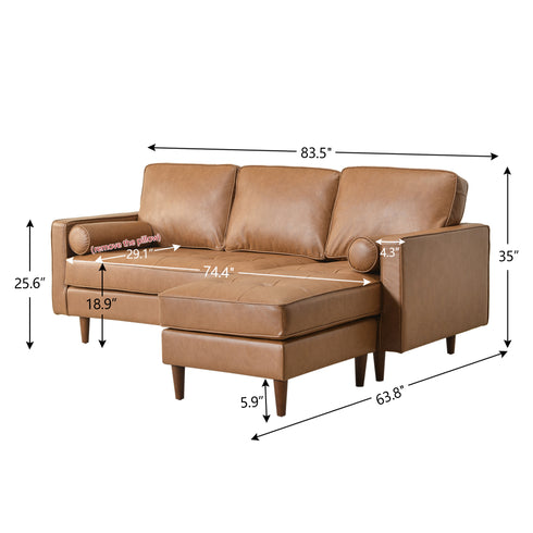 Tiziano Tufted 2-Piece Sectional Sofa – Camel Faux Leather Reversible Chaise Couch with Accent Pillows | Mid-Century Modern L-Shaped Sofa | Kinwell Furniture