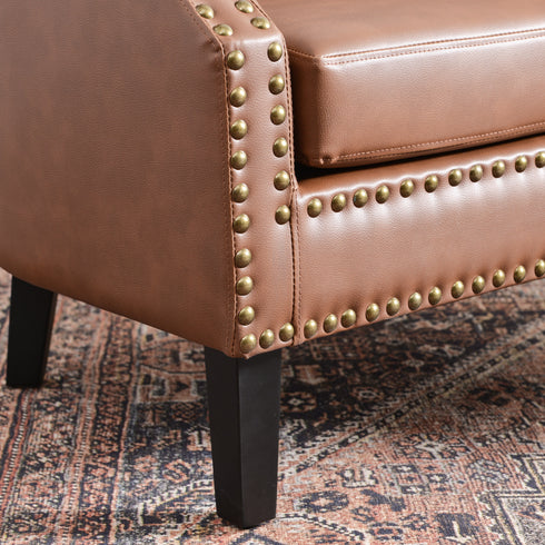 Louis Faux Leather Tufted Club Chair - Brown Accent Chair | Decorative Accent Chairs | Kinwell Furniture | Modern Club Chairs | Barrel Club Chair | Nailhead Trim Chair | Contemporary Faux Leather Chair | Elegant Brown Chair