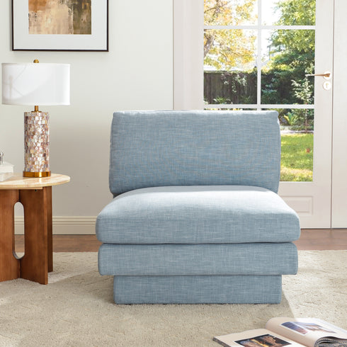 Linen Blend Down Feather Upholstered Accent Chair – Blue Modern Armless Slipper Chair | Soft Linen Blend Lounge Chair with Removable Cushions | Kinwell Furniture | Oversized Accent Chair