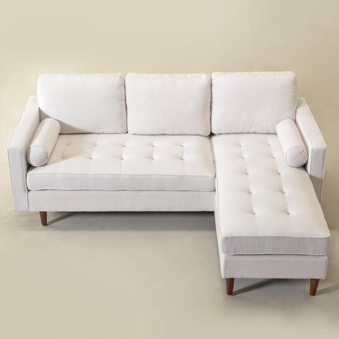 Tiziano Tufted 2-Piece Sectional Sofa – Ivory Linen Reversible Chaise Couch with Accent Pillows | Mid-Century Modern L-Shaped Sofa | Kinwell Furniture