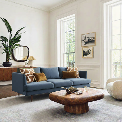 Blue Upholstered Sofa – Albert Sofa Couch | 3-Seater Sofa | Kinwell Furniture | Mid-Century Modern, Timeless Design