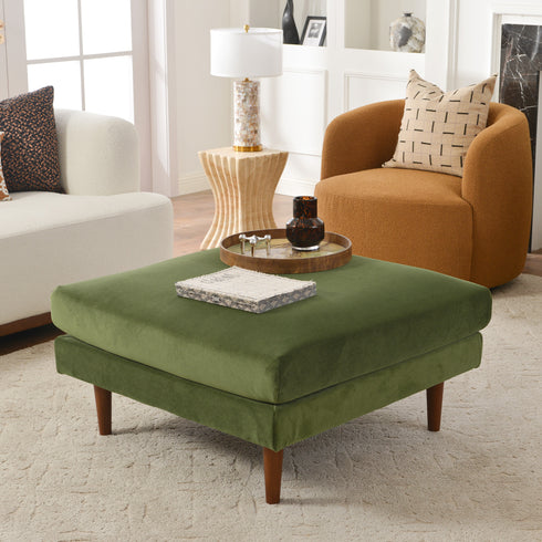 Albert Linen Blend Ottoman – Footrest & Pouf | Living Room Accent Seat | Kinwell Furniture | Contemporary Ottoman | Green