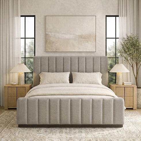 Agnes Linen Platform Bed - Beige / Gray Upholstered Bed | Queen & King Platform Beds | Kinwell Furniture | Modern Linen Bed Frames