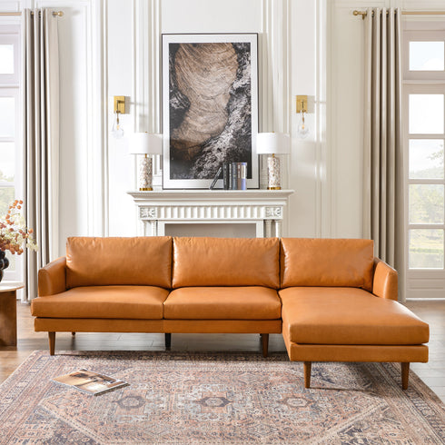 Samuel Tapered Arm Two-Piece Sectional – Leather Camel Chaise Sectional Sofa | 3-Seater Couch | Kinwell Furniture | Mid-Century Modern Design