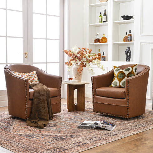 Lawton Faux Leather Tufted Swivel Chair – Brown Industrial Modern Swivel Chair | Faux Leather Office & Lounge Chair | Kinwell Furniture | High Back Chair