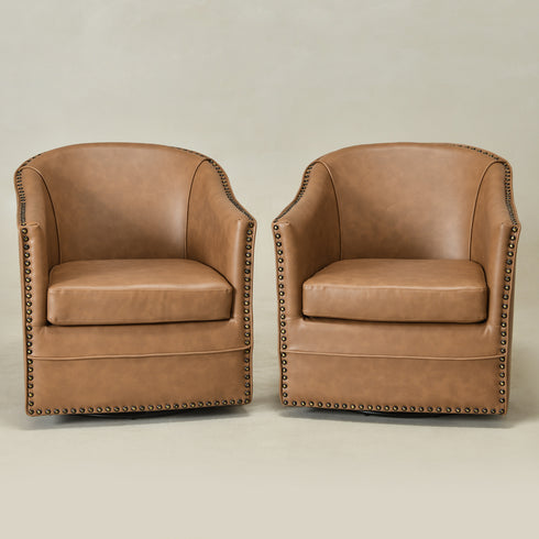 Lawton Faux Leather Tufted Swivel Chair – Camel Industrial Modern Swivel Chair | Faux Leather Office & Lounge Chair | Kinwell Furniture | High Back Chair