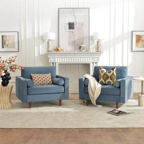 Tiziano Tufted Armchair – Blue Velvet Accent Chair with Pillows | Mid-Century Lounge Chair | Kinwell Furniture