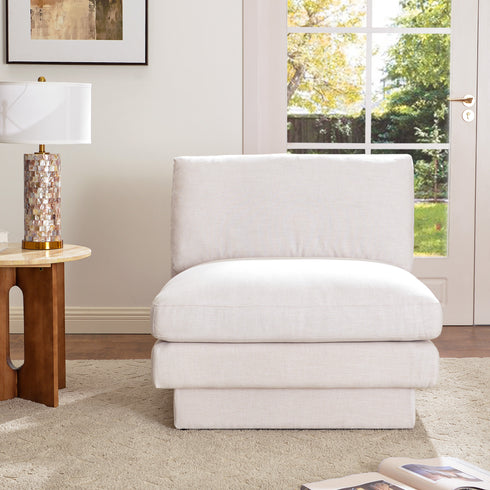Linen Blend Down Feather Upholstered Accent Chair – Cream Modern Armless Slipper Chair | Goose Down Filled Lounge Chair with Removable Cushions | Kinwell Furniture | Extra Wide Accent Chair