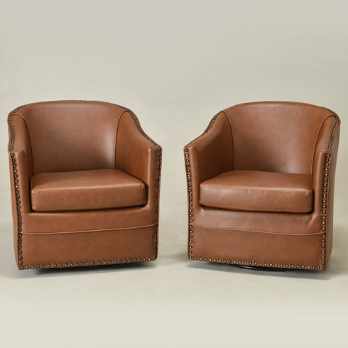 Lawton Faux Leather Tufted Swivel Chair – Brown Industrial Modern Swivel Chair | Faux Leather Office & Lounge Chair | Kinwell Furniture | High Back Chair