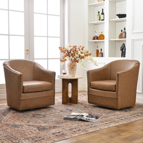 Lawton Faux Leather Tufted Swivel Chair – Camel Industrial Modern Swivel Chair | Faux Leather Office & Lounge Chair | Kinwell Furniture | High Back Chair