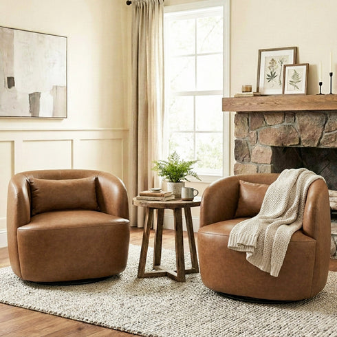 Ashlie Faux Leather Swivel Chair - Camel Modern Swivel Chair | Faux Leather Armchairs | Kinwell Furniture | Swivel Accent Chairs