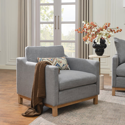 Goose Down Feathers Upholstered Armchair – Gray Square Arm Accent Chair | Plush Feather-Filled Chair | Kinwell Furniture | Cloud-Soft, Timeless Design
