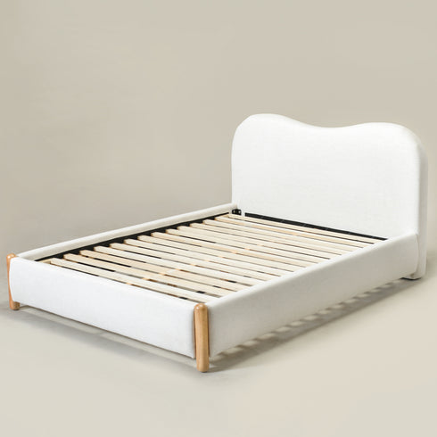 Dorothy Linen Platform Bed with Headboard – White Modern Upholstered Double Bed Frame | Platform Beds | Kinwell Furniture | Bedroom Bed Frame