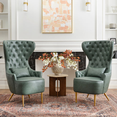 Letitia Faux Leather Wingback Chair - Green Accent Chair | Decorative Faux Leather Chairs | Kinwell Furniture | Modern Wingback Accent Chairs