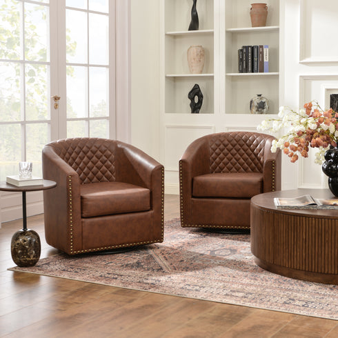 Logan Faux Leather Tufted Swivel Club Chair - Brown Mid Century Modern Swivel Chair | Waiting Room Swivel Chairs| Kinwell Furniture | Designer Swivel Chairs