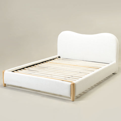 Dorothy Linen Platform Bed with Headboard – White Modern Upholstered Queen Bed Frame | Platform Beds | Kinwell Furniture | Bedroom Bed Frame
