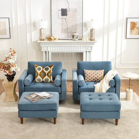 Tiziano Tufted Ottoman – Velvet Rectangular Footrest & Accent Seat | Mid-Century Upholstered Pouf | Blue Ottoman