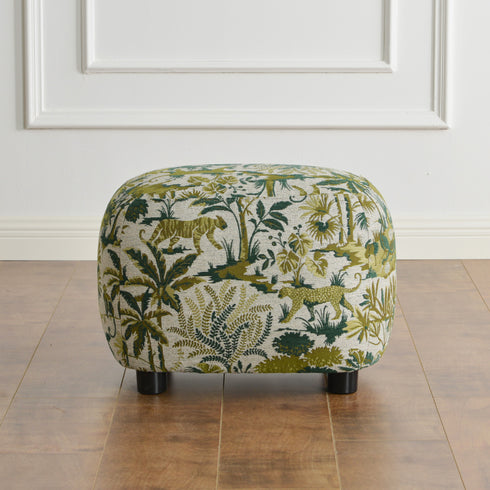 Elmer Embroidered Fabric Ottoman - Jungle Animal Print Ottoman | Embroidered Fabric Footstool | Kinwell Furniture | Modern Decorative Ottoman | Upholstered Accent Ottoman | Living Room Ottoman Stool | Matching Ottoman for Ashlie Swivel Chair | Statement Fabric Ottoman