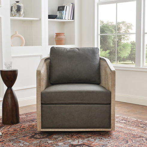Claude Premium Leather Swivel Cane Chair - Modern Swivel Chair | Swivel Accent Chairs | Kinwell Furniture | Swivel Armchairs