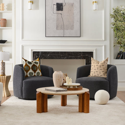 Ashlie Bouclé Swivel Barrel Chair - Dark Gray Modern Swivel Chair | Swivel Accent Chairs | Kinwell Furniture | Swivel Armchairs