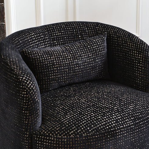 Ashlie Sculpted Jacquard Swivel Barrel Chair - Black & Gold Jacquard Swivel Chair | Sculpted Barrel Accent Chair | Modern Swivel Accent Chair | Upholstered Swivel Armchair | Kinwell Furniture | 360 Degree Swivel Barrel Chair | Embossed Jacquard Accent Chair | Living Room Accent Chairs | Luxury Statement Chair