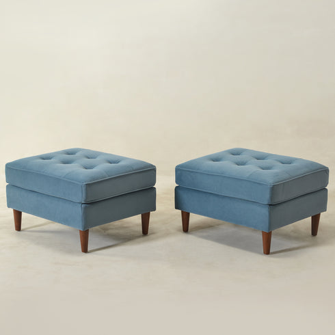 Tiziano Tufted Ottoman – Velvet Rectangular Footrest & Accent Seat | Mid-Century Upholstered Pouf | Blue Ottoman