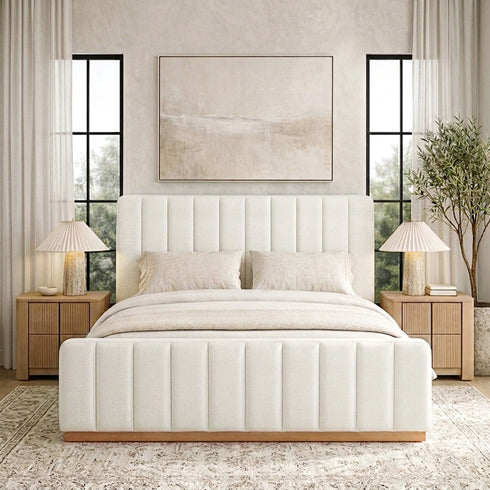 Agnes Linen Platform Bed - Beige / Gray Upholstered Bed | Queen & King Platform Beds | Kinwell Furniture | Modern Linen Bed Frames