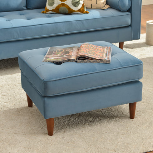 Tiziano Tufted Ottoman – Velvet Rectangular Footrest & Accent Seat | Mid-Century Upholstered Pouf | Blue Ottoman