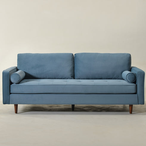 Tiziano Tufted 3-Seater Sofa – Blue Velvet Couch with Accent Pillows | Mid-Century Modern Sofa | Kinwell Furniture