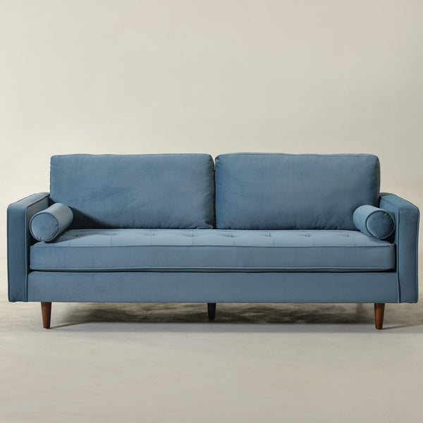Tiziano Tufted 3-Seater Sofa – Blue Velvet Couch with Accent Pillows | Mid-Century Modern Sofa | Kinwell Furniture