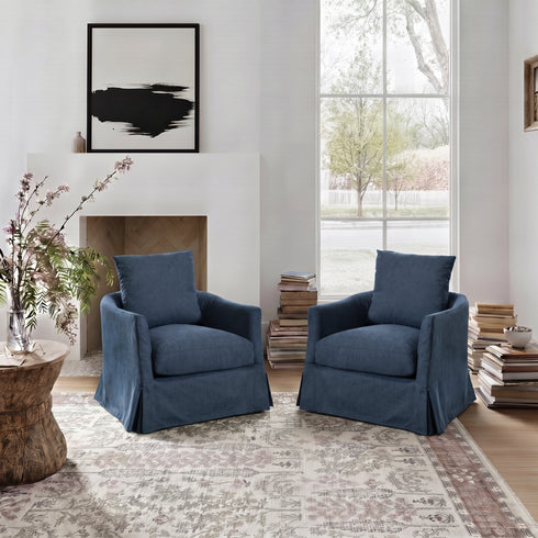 Eliza Slipcover Swivel Barrel Chair – Navy Swivel Armchair | Washable Slipcover Chair | Kinwell Furniture | Cozy Lounge Chair