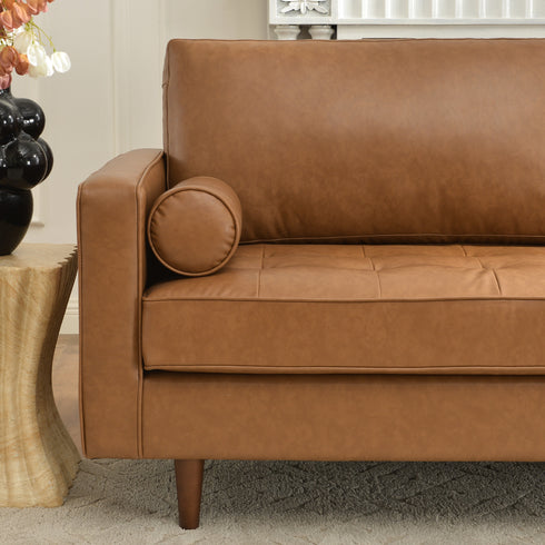 Tiziano Tufted 3-Seater Sofa – Camel Faux Leather Couch with Accent Pillows | Mid-Century Modern Sofa | Kinwell Furniture