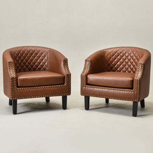 Louis Faux Leather Tufted Club Chair - Brown Accent Chair | Decorative Accent Chairs | Kinwell Furniture | Modern Club Chairs | Barrel Club Chair | Nailhead Trim Chair | Contemporary Faux Leather Chair | Elegant Brown Chair