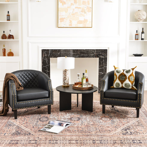 Louis Faux Leather Tufted Club Chair - Black Accent Chair | Decorative Accent Chairs | Kinwell Furniture | Modern Club Chairs | Barrel Club Chair | Nailhead Trim Chair | Contemporary Faux Leather Chair | Elegant Black Chair