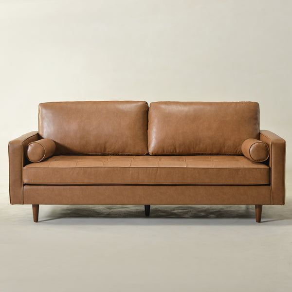 Tiziano Tufted 3-Seater Sofa – Camel Faux Leather Couch with Accent Pillows | Mid-Century Modern Sofa | Kinwell Furniture
