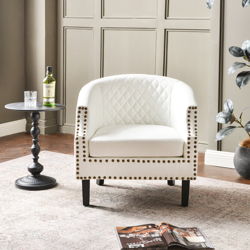 Louis Faux Leather Tufted Club Chair - White Accent Chair | Decorative Accent Chairs | Kinwell Furniture | Modern Club Chairs | Barrel Club Chair | Nailhead Trim Chair | Contemporary Faux Leather Chair | Elegant White Chair
