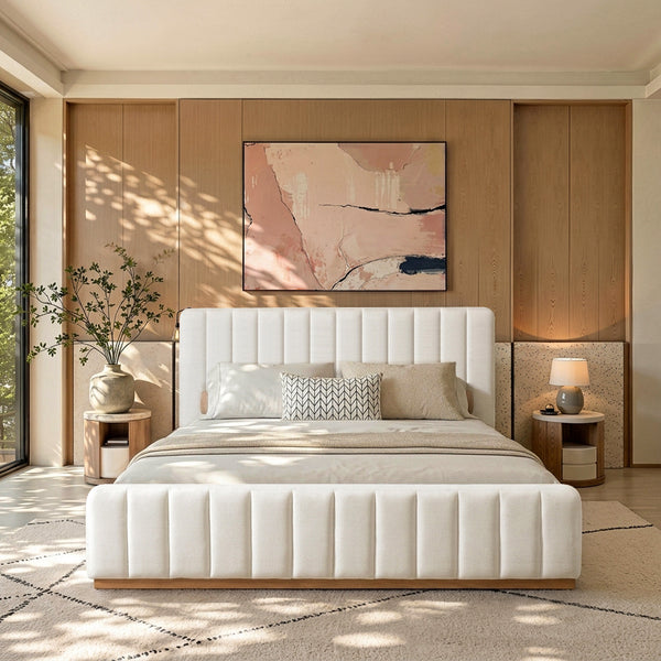Agnes Linen Platform Bed - Beige / Gray Upholstered Bed | Queen & King Platform Beds | Kinwell Furniture | Modern Linen Bed Frames
