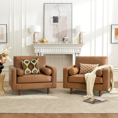 Tiziano Tufted Armchair – Camel Faux Leather Accent Chair with Pillows | Mid-Century Lounge Chair | Kinwell Furniture
