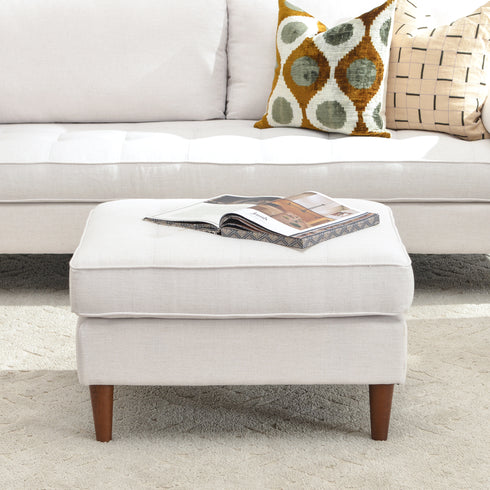 Tiziano Tufted Ottoman – Linen Rectangular Footrest & Accent Seat | Mid-Century Upholstered Pouf | Ivory Ottoman