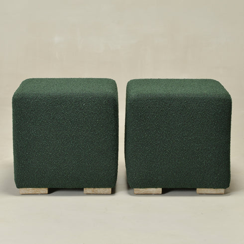 Bouclé Square Ottoman – Green Modern Footstool | Small Upholstered Ottomans | Kinwell Furniture | Minimalist Cube Poufs