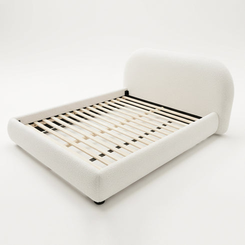 Harriet Bouclé Bed Frame with Headboard – Cream Upholstered Platform Bed | Queen Size | Kinwell Furniture