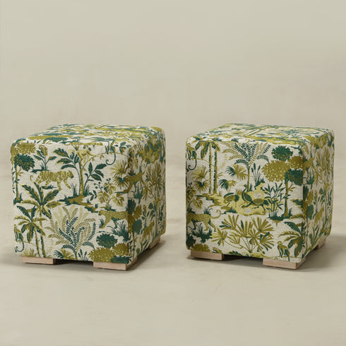 Jungle Animal Print Embroidered Fabric Square Ottoman | Embroidered Fabric Footstool | Modern Decorative Accent | Upholstered Accent Seating | Living Room Furniture | Statement Fabric Design | Kinwell Furniture